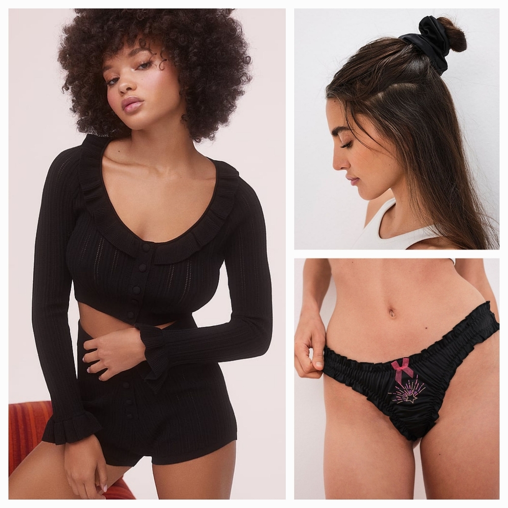 🌠 3pc For Love and Lemons Camille Cardigan, Ruffle Thong & Scrunchie Set 🌠